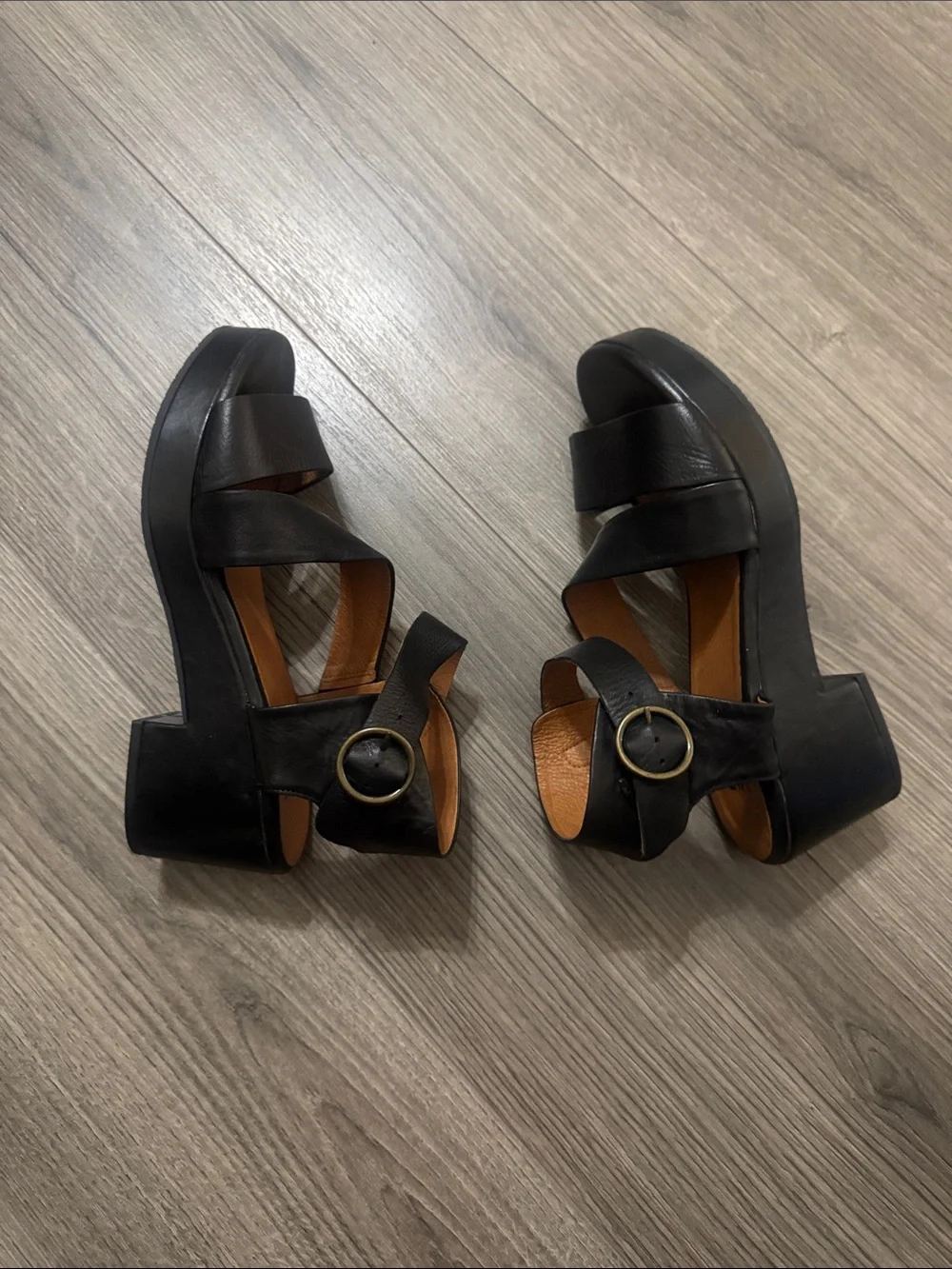 Miz Mooz Women’s Leather Black Platform Sandals with Buckle Accent